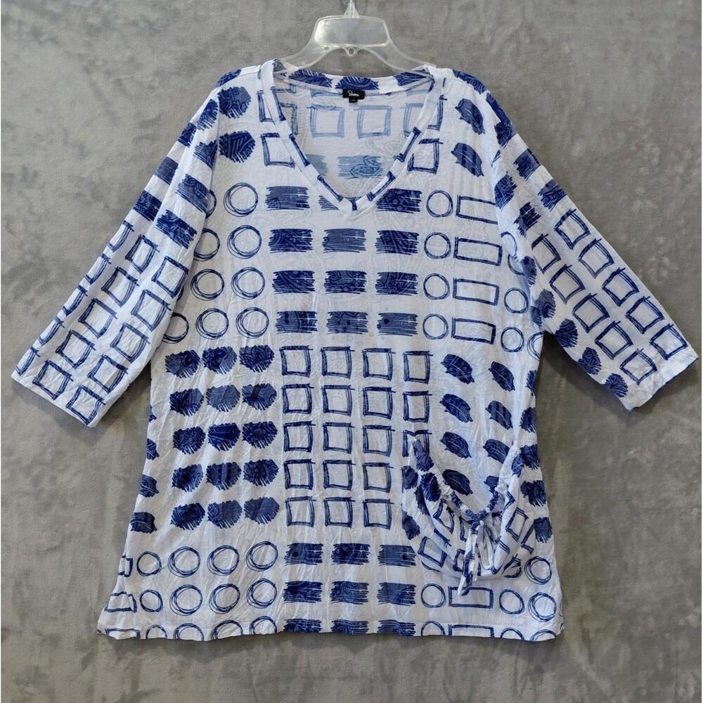 Shana Burnout Geometric Tunic Top Women's Large Blue White Art to Wear Pocket